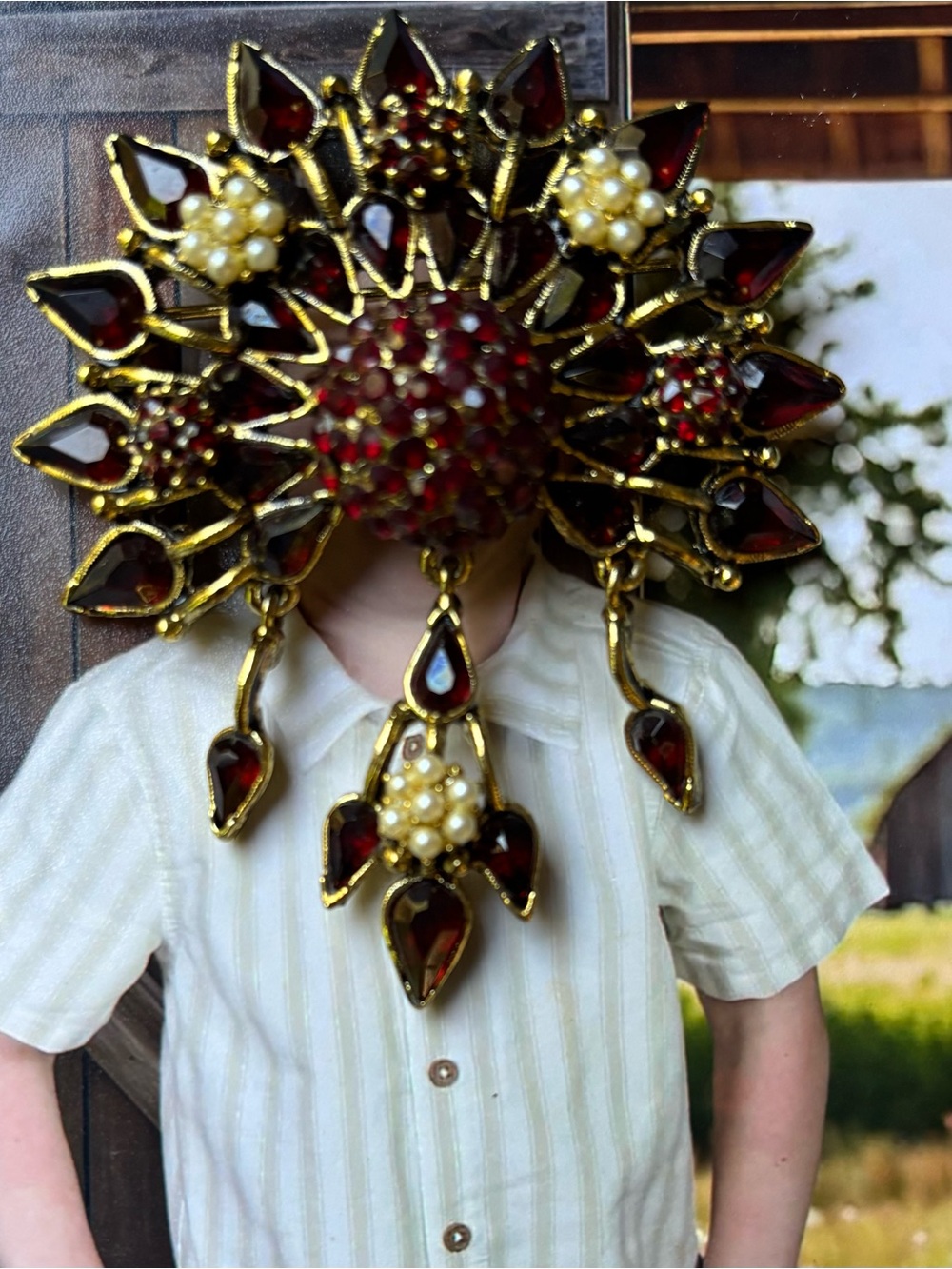 Vintage Hollycraft Gold-Tone Burgundy Floral Drop Brooch with Pearl Accents